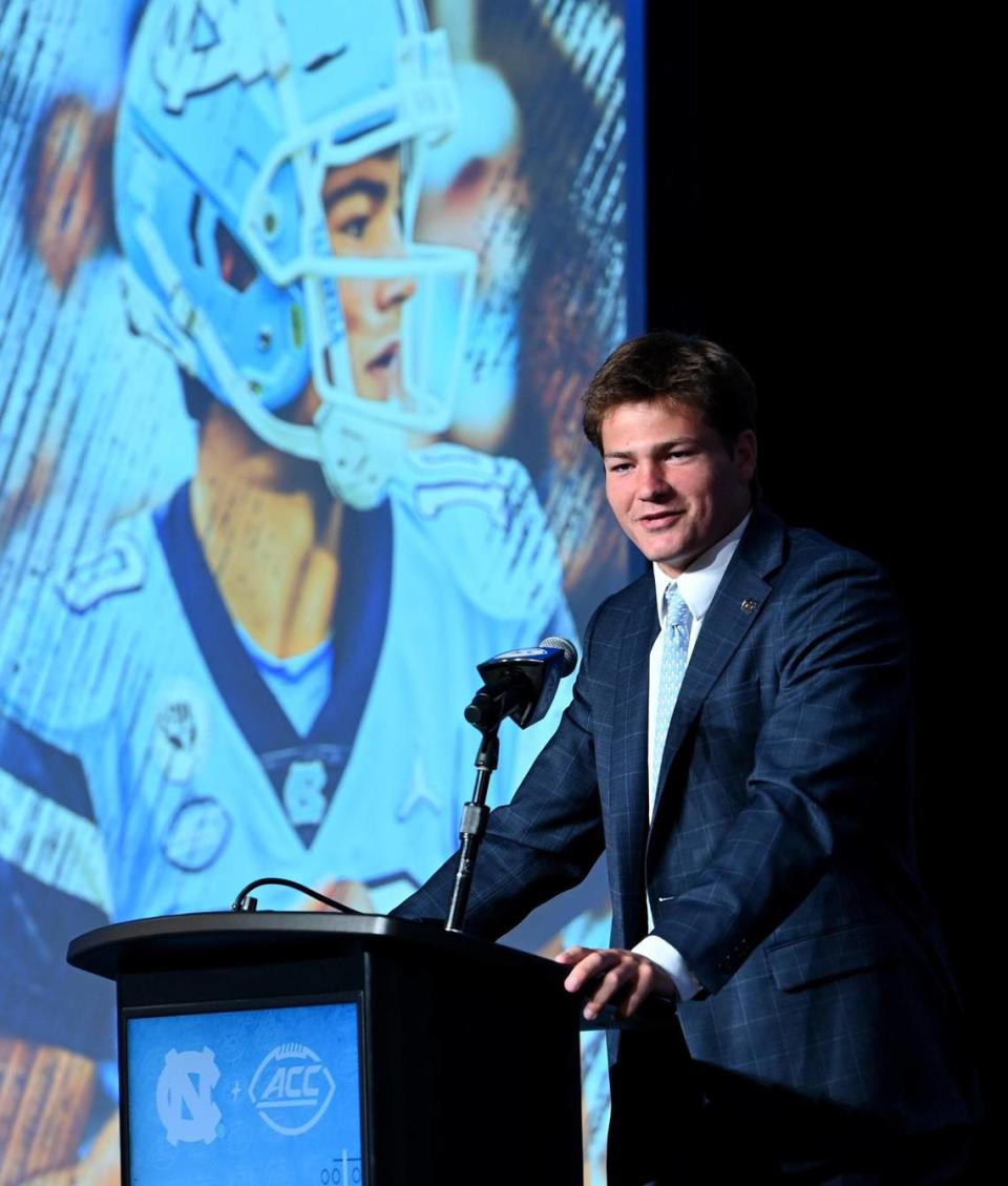 UNC Tar Heels quarterback Drake Maye responds to a question during the third day of the ACC Kickoff event at the Westin Charlotte Hotel in Charlotte, NC on Thursday, July 27, 2023. JEFF SINER/jsiner@charlotteobserver.com