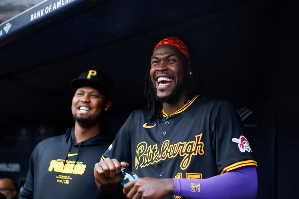 NEW YORK, NY - SEPTEMBER 28: Pittsburgh Pirates 15 jokes in the dugout during a game between the Pittsburgh Pirates and New York Yankees on Saturday, September 28, 2024 at Yankee Stadium in New York, New York. No. O'Neil Crews. (Photo by: Rob Tringali/MLB Photo via Getty Images)