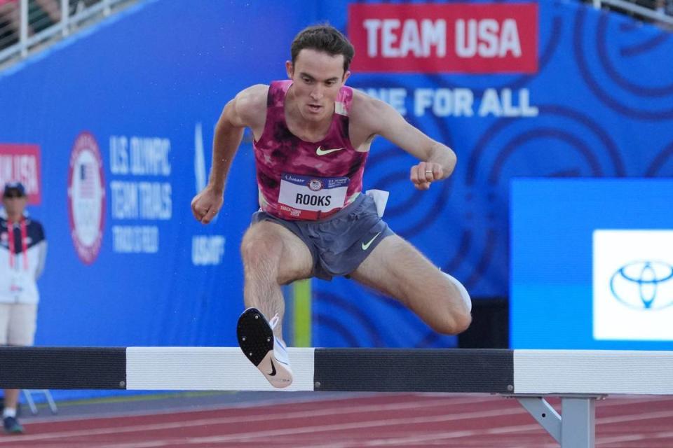 Jun 23, 2024; Eugene, OR, USA; Kenneth Rooks wins the steeplechase in 8:21.92 during the US Olympic Team Trials at Hayward Field.