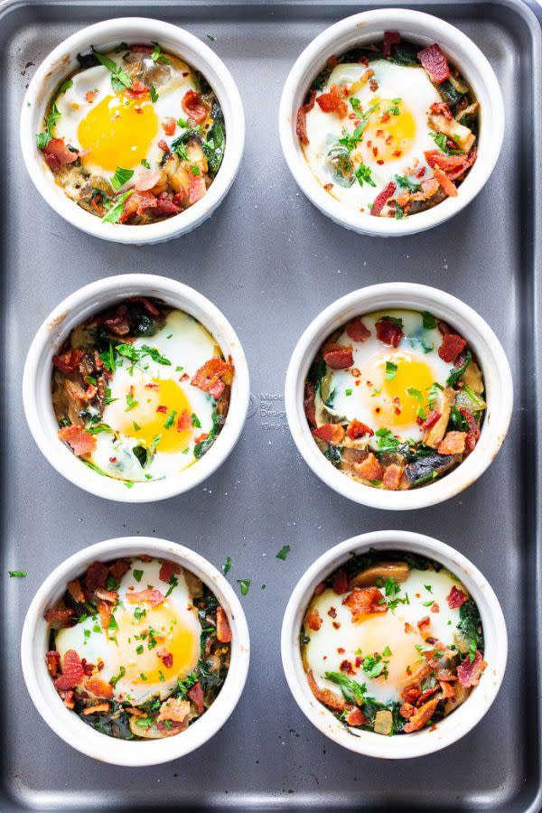 Baked Eggs With Spinach, Bacon, + Mushrooms