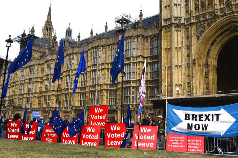 20190905，英國脫歐，脫歐派在英國國會下議院外舉牌抗議。（AP）