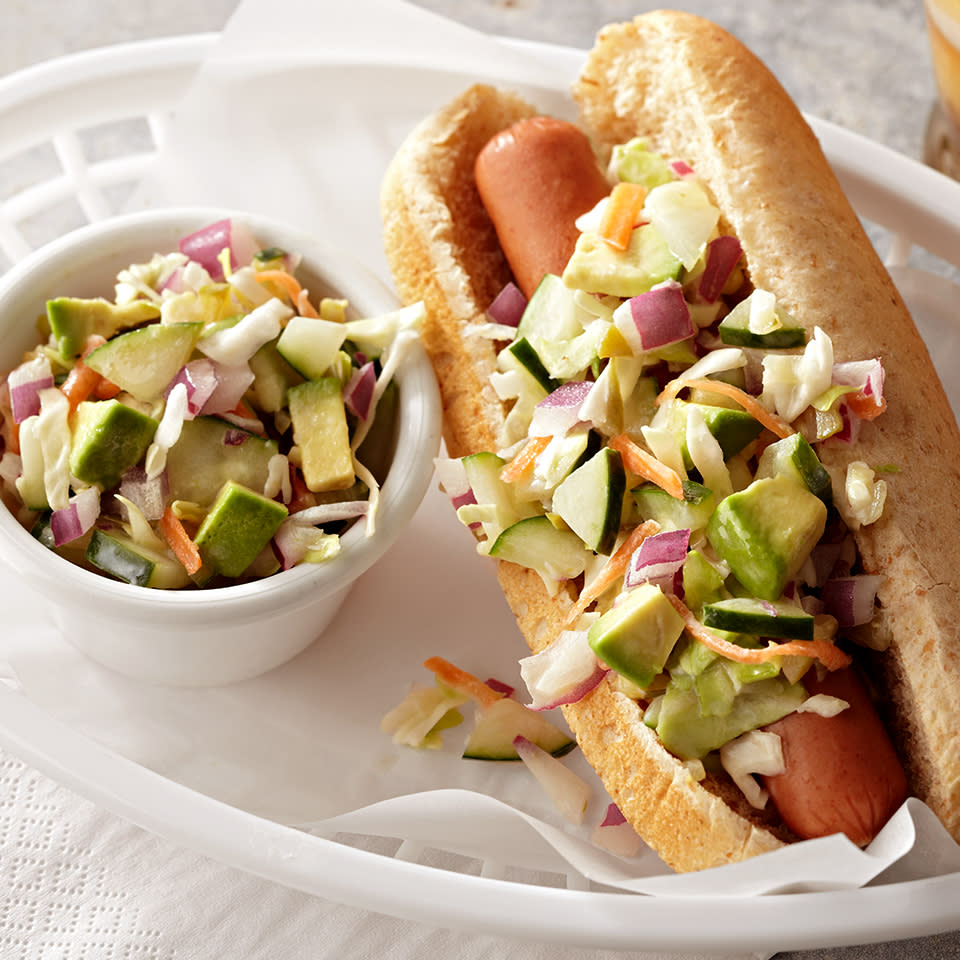 Hot Dog with Cucumber-Avocado Slaw