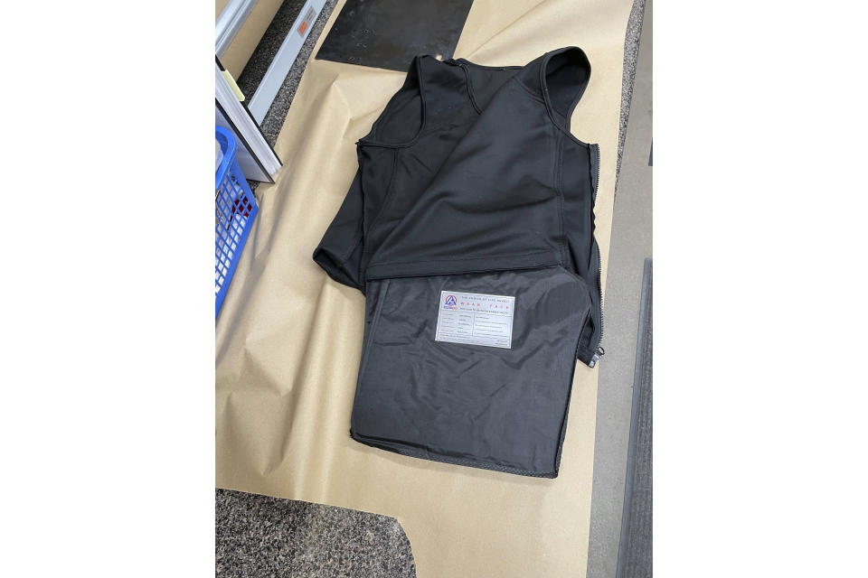 This undated photo provided by the Farmington Police Dept. shows a modified bullet proof vest law enforcement authorities say an 18-year-old high school student wore during a killing spree that left three women dead. (Farmington Police Dept. Via AP)