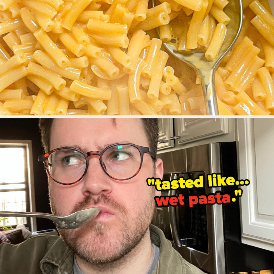 Close up of cooked Kraft with an image of the author eating it and text: "tasted like...wet pasta."