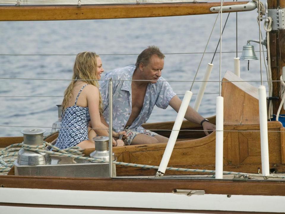 Skarsgard is reprising his role as as sailor Bill, one of three possible fathers to Amanda Seyfried’s (left) character in 'Mamma Mia! Here We Go Again' (Rex Features)