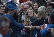 The Duchess of Cambridge greets onlookers in front of the Legislative Assembly in Victoria, B.C., on Saturday, September 24, 2016. Photo: THE CANADIAN PRESS/Jonathan Hayward