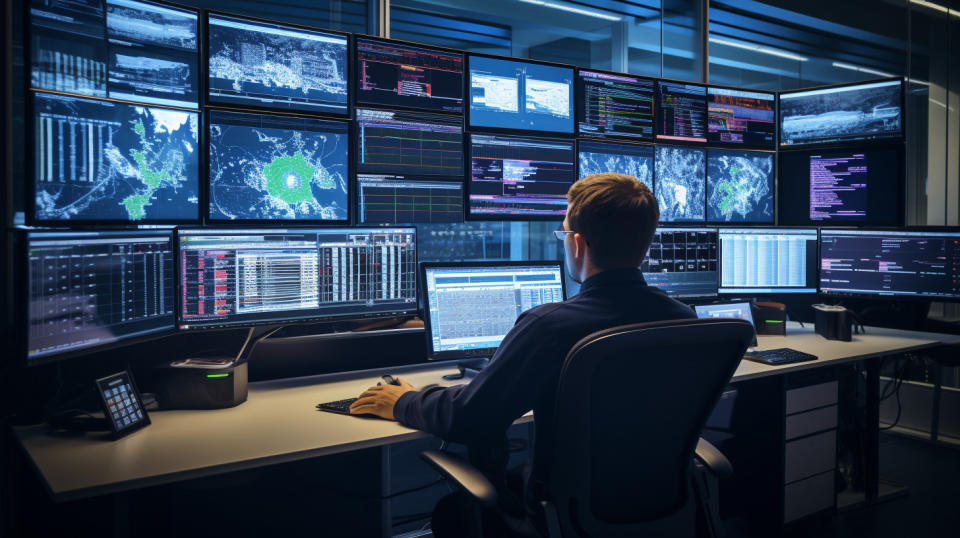 A digital control-room with multiple monitors streaming real-time vehicle tracking data.