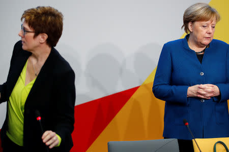 CDU party leader Annegret Kramp-Karrenbauer and German Chancellor Angela Merkel attend a strategy meeting of Germany's governing Christian Democratic Union (CDU) party in Potsdam, Germany, January 14, 2019. REUTERS/Axel Schmidt