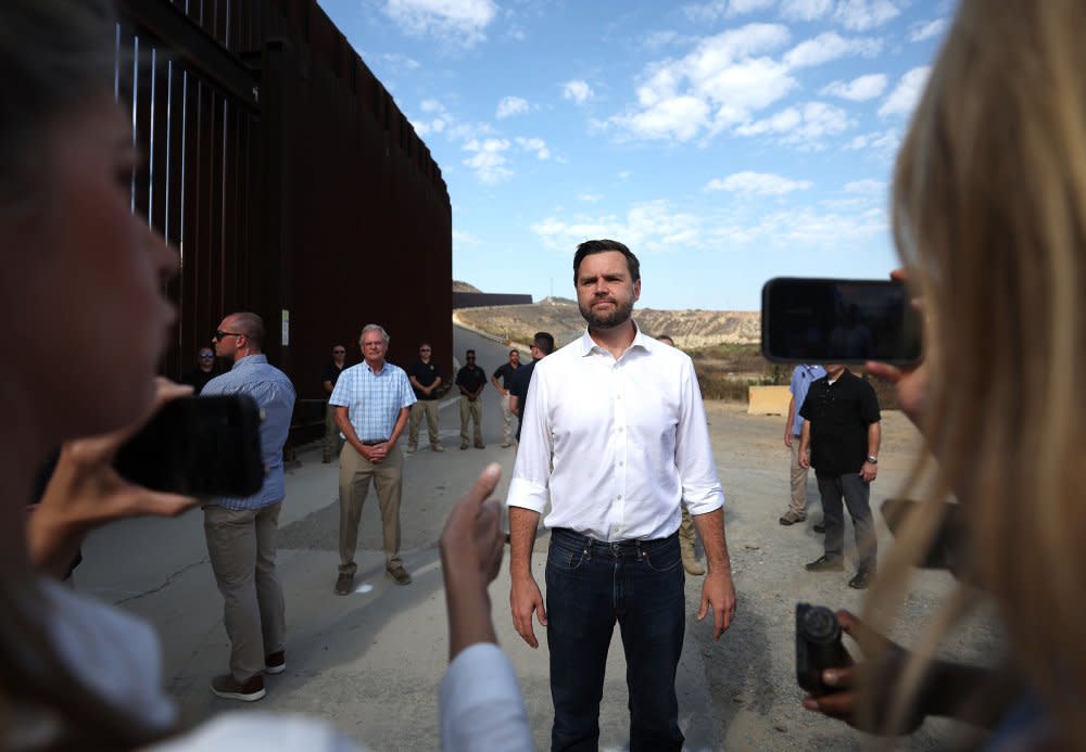 Vance speaks to reporters on Sept. 6 during a visit to the border wall near San Diego<span class="copyright">Justin Sullivan—Getty Images</span>