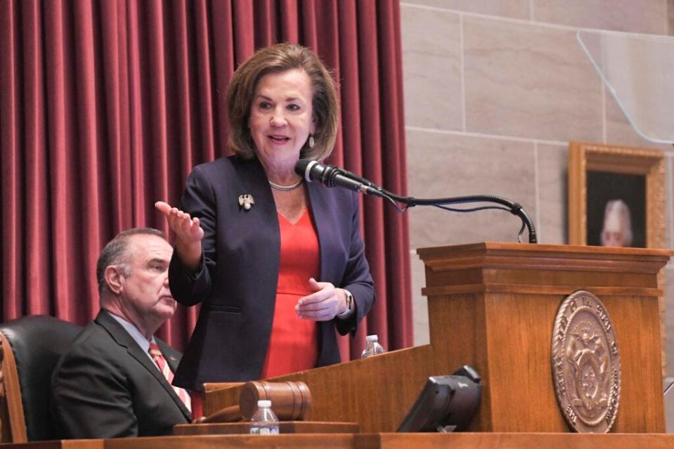 Missouri Supreme Court Chief Justice Mary Rhodes Russell delivers the State of the Judiciary to the Joint Session of the General Assembly on Feb. 7, 2024.