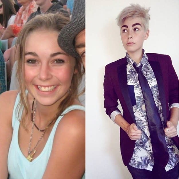 teenage girl smiling and wearing a tank top and necklace; now with short hair in a suit and tie