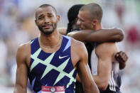 Garrett Scantling reacts to his win in the decathlon after 1500-meter run at the U.S. Olympic Track and Field Trials Sunday, June 20, 2021, in Eugene, Ore. (AP Photo/Ashley Landis)