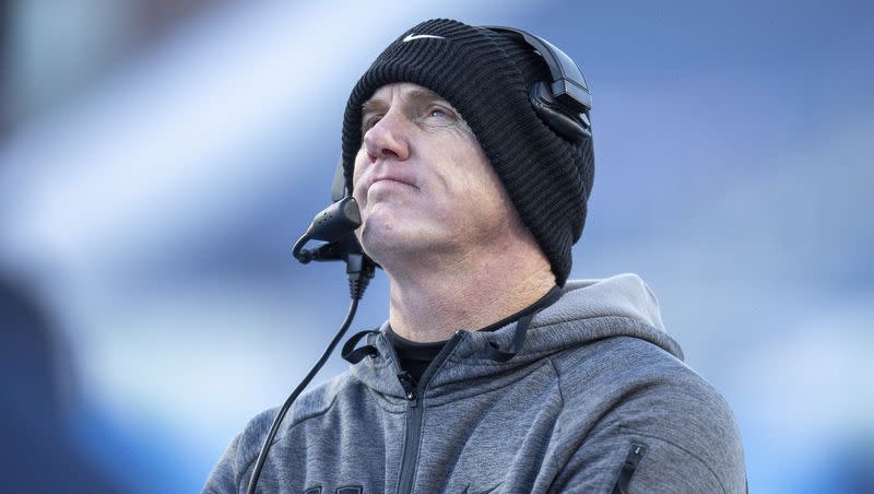 Utah State head coach Blake Anderson looks up a the videoboard late in second half of the Famous Idaho Potato Bowl game against Georgia State on Dec. 23, 2023, in Boise, Idaho.