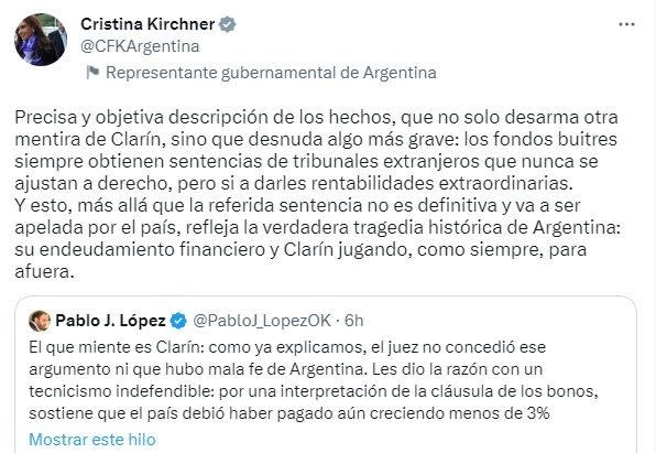 Un Tuit de Cristina deja ver su opinión sobre el fallo.