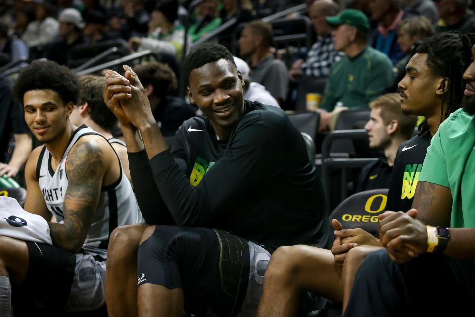 Oregon center N'Faly Dante sits on the bench as the Oregon Ducks host the Colorado Buffaloes at Matthew Knight Arena in Eugene, Ore. Thursday, Jan. 26, 2023. 