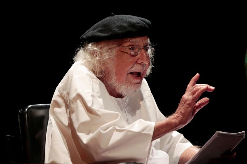 FILE PHOTO: Ernesto Cardenal speaks during a celebration for his 90th birthday at the National Theatre Ruben Dario in Managua