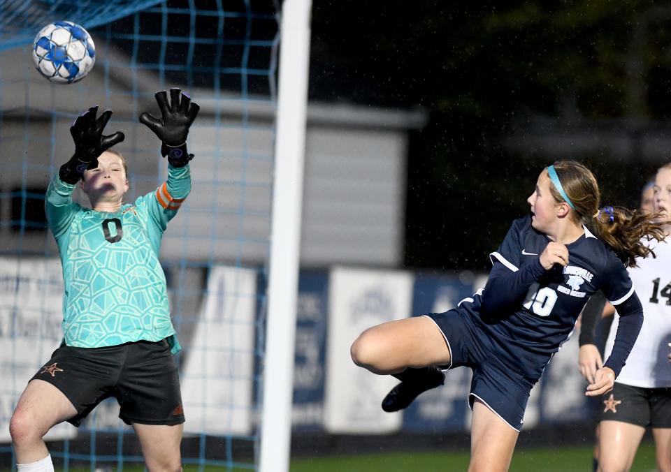 Louisville's Sammi Beatty attempts a goal stopped by Eastlake North goalkeeper Katia Blatnik in DI girls soccer sectional final at Louisville. Thursday, Oct. 19, 2023.