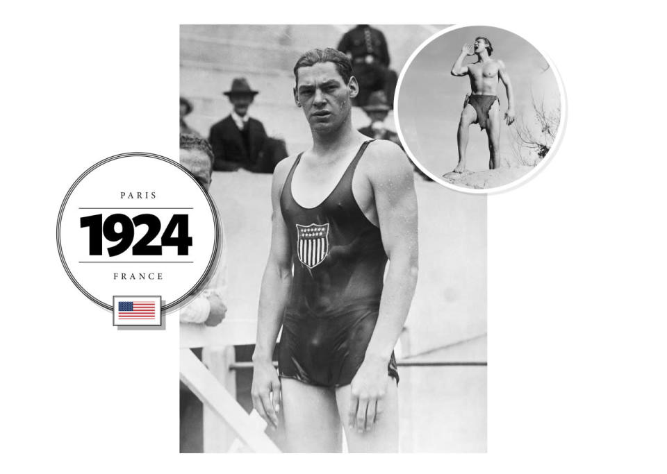 In 1924, men were still covering their chests, and American swimmer Johnny Weissmuller won three gold medals in a one-piece. Later, he did get to show off his pecs when he played Tarzan — and became a major movie star — in the series of 1930s and 1940s films. 