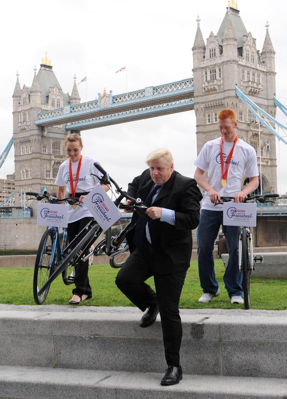 London Mayor Boris Johnson attends a photocall with Olympic Gold medal cyclists Victoria Pendleton and Ed Clancy to encourage Londoners to sign up for the Sky Sports London Freewheel event on September 21st. 