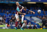 <p>Chelsea’s Cesar Azpilicueta tangles with West Ham’s Marko Arnautovic </p>