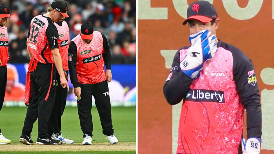 Aaron Finch points at the ground and Quinton de Kock covers his mouth in astonishment.