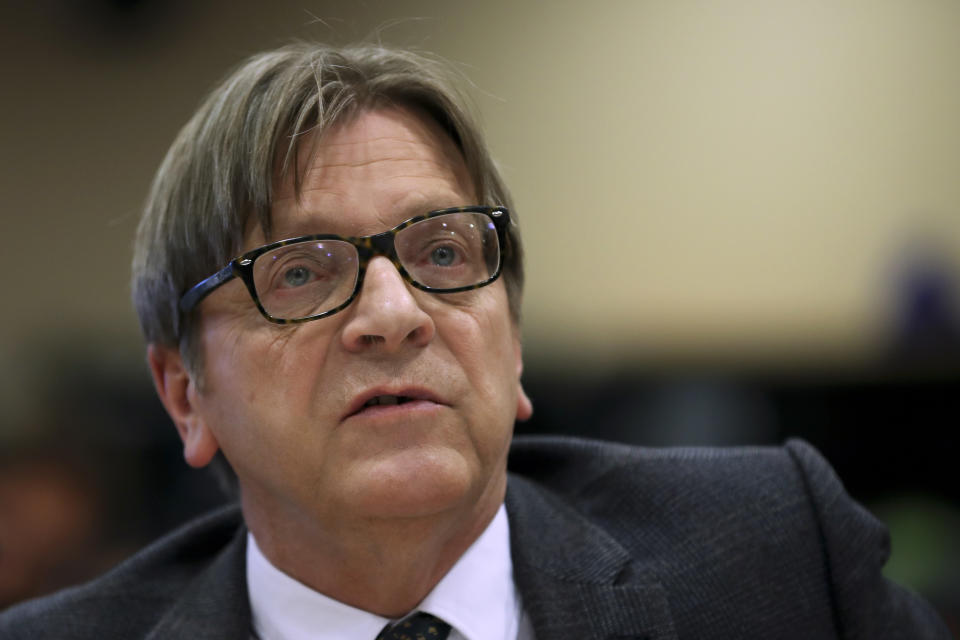 FILE - European Parliament Brexit chief Guy Verhofstadt talks during a debate about Britain's Brexit split from the EU, at the European Parliament in Brussels, on Jan. 22, 2019. Verhofstadt will join the former leaders of Australia and Britain at a conference in Tokyo later Feb. 2023 to call for a tougher international approach to China. (AP Photo/Francisco Seco, File)