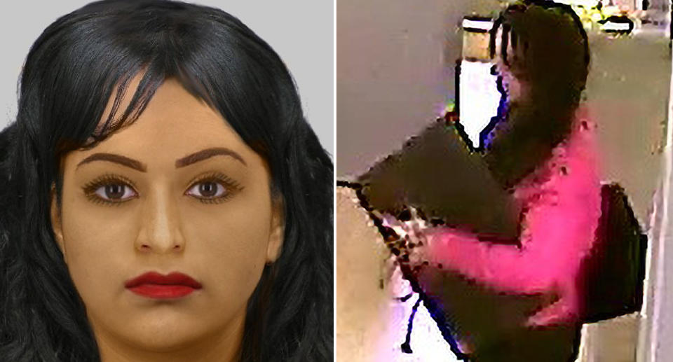 CCTV of the 'strikingly attractive' woman who allegedly stole the six-figure artwork.