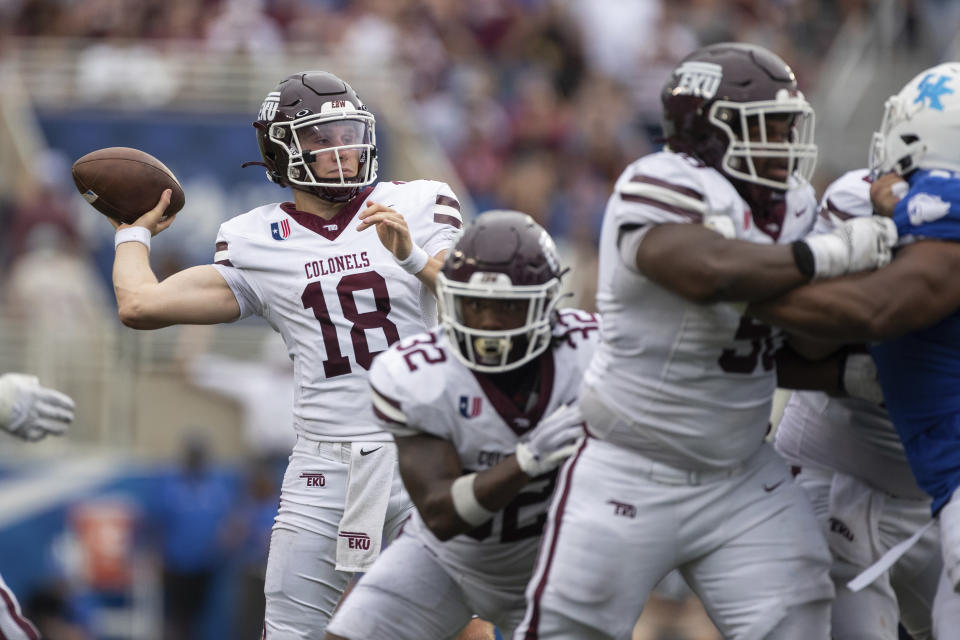 Eastern Kentucky quarterback Parker McKinney (18) looks to pass during the second half of an NCAA college football game against Kentucky in Lexington, Ky., Saturday, Sept. 9, 2023. (AP Photo/Michelle Haas Hutchins)