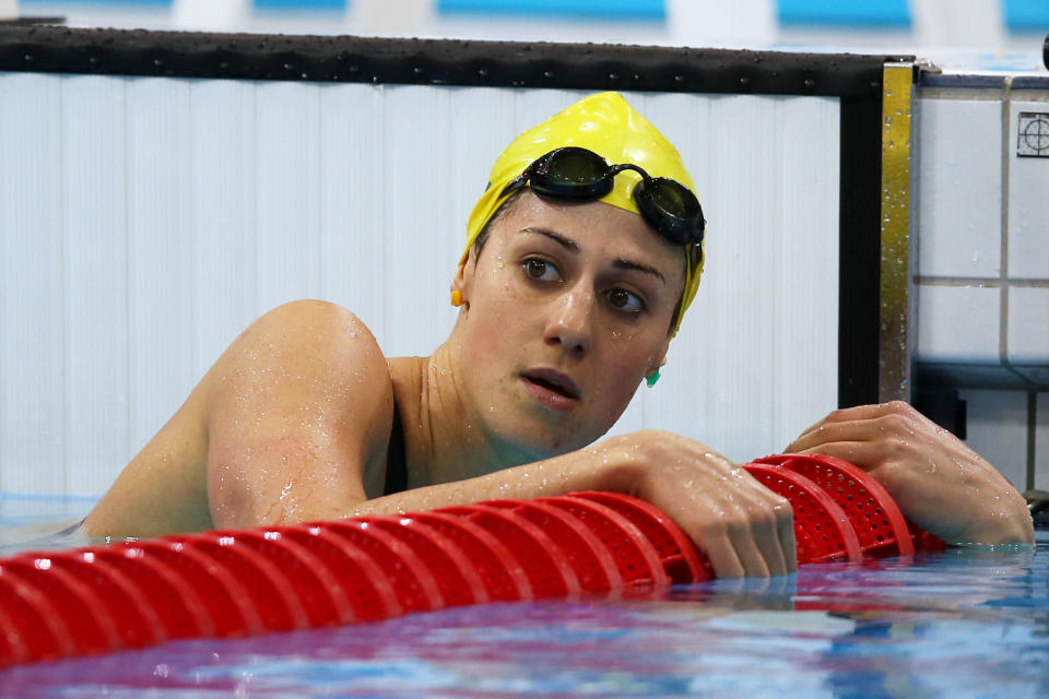 LONDON, ENGLAND - JULY 30: Stephanie Rice of Australia reacts after she competed in the second semifinal heat of the Women's 200m Individual Medleyon Day 3 of the London 2012 Olympic Games at the Aquatics Centre on July 30, 2012 in London, England. (Photo by Clive Rose/Getty Images)