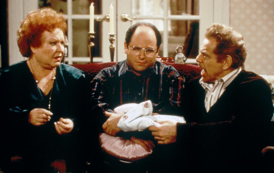 Estelle Harris as Estelle Costanza, Jason Alexander as George Costanza, and Jerry Stiller as Frank Costanza