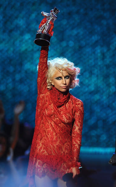 <p>Lady Gaga revealed all during her acceptance speech for "Best New Artist" at the 2009 MTV VMAs, taking off her McQueen red lace face mask and crown to show her face, shouting "this is for God and The Gays."</p>