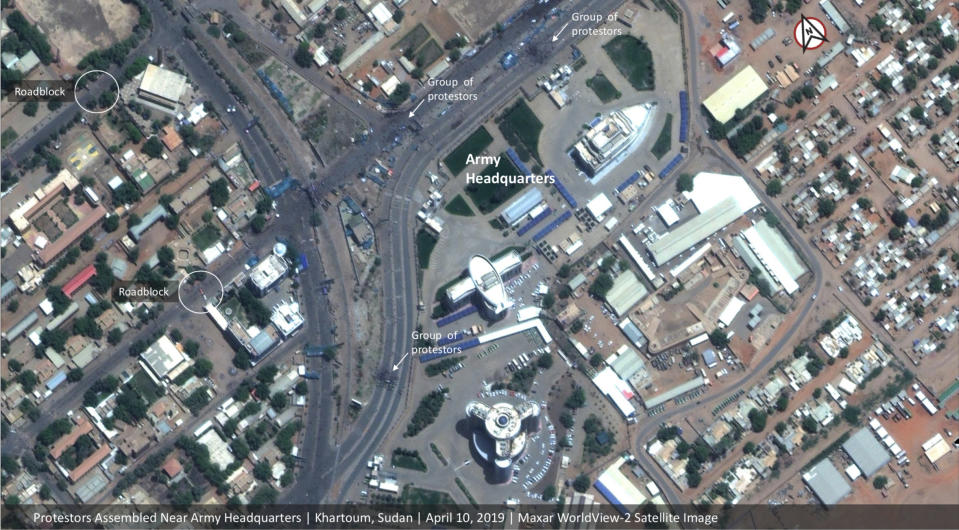 This Wednesday, April 10, 2019 satellite image shows Khartoum, Sudan during massive protests. Sudan’s military overthrew President Omar al-Bashir on Thursday amid increasingly bloody protests over his repressive 30-year rule and the deteriorating economy. But pro-democracy demonstrators were left angry and disappointed when the defense minister announced the armed forces will govern for the next two years.(Satellite image ©2019 Maxar Technologies via AP)