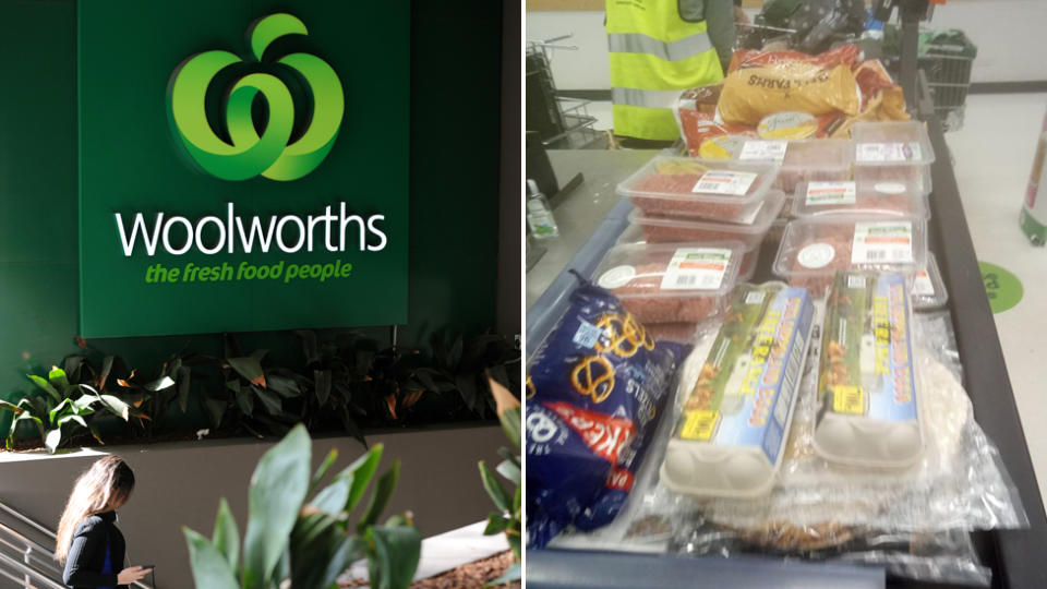 Pictured is a Woolworths store (left) and a woman's large grocery shop on a grocery belt (right).