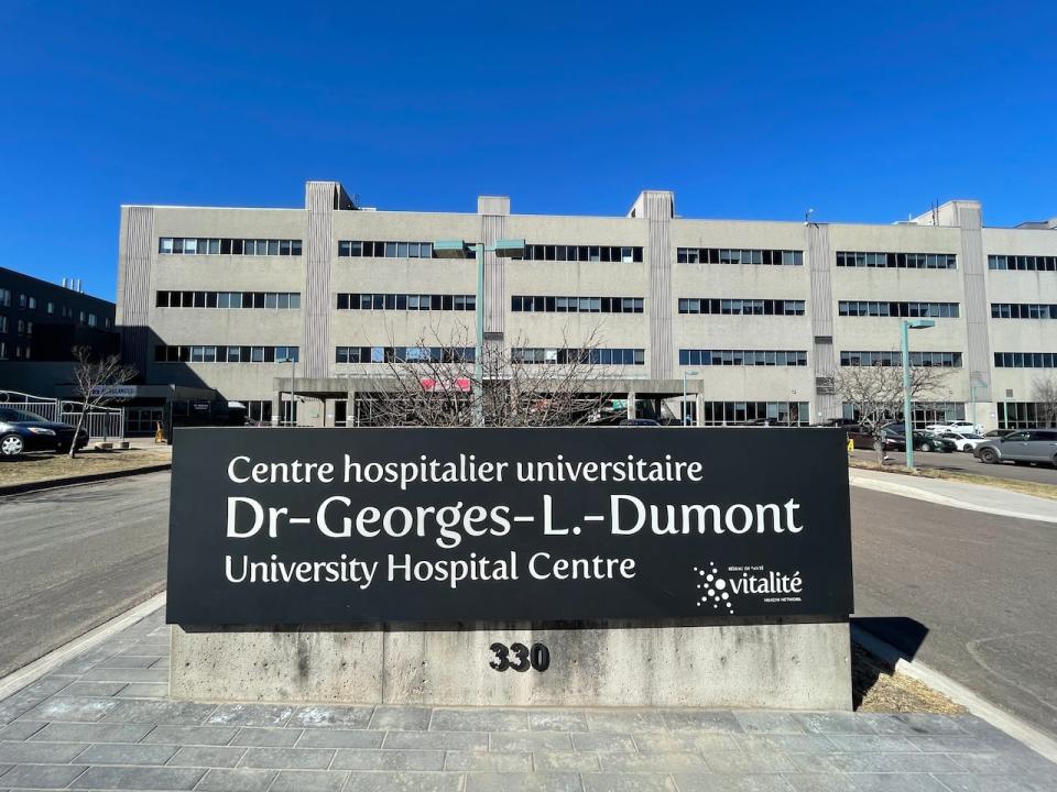 The Dr. Georges-L.-Dumont University Hospital Centre /  Centre hospitalier universitaire Dr-Georges-L.-Dumont in Moncton on April 7, 2022, ext view of building and signage.