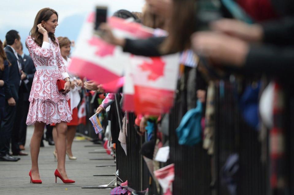 The Duchess of Cambridge greets well wishers as she arrives at Jack Poole Plaza in Vancouver, B.C., Sunday, Sept. 25, 2016. THE CANADIAN PRESS/Jonathan Hayward