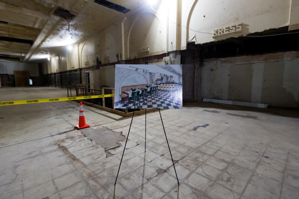 An illustration plan for a diner at the former Kress Department Store building is shown at the groundbreaking ceremony held by Officials with Paul Foster's Franklin Mountain Investments on Thursday, April 27, 2023. Businessman Paul Foster plans to renovate the Kress Building in Downtown El Paso, Texas, into a multi-use building of restaurants, stores, and a spa.