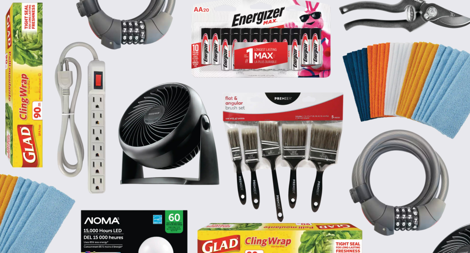 energizer batteries, glad cling wrap, lightbulbs, desk fan, bike lock, microfibre cloths, pruners,  Save on home and outdoor essentials from Canadian Tire (photos via Canadian Tire)