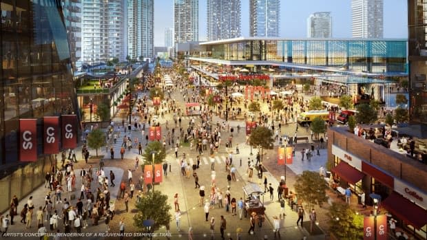 This artist's rendering shows the proposed arena that would replace the Saddledome in Victoria Park in Calgary. (City of Calgary - image credit)