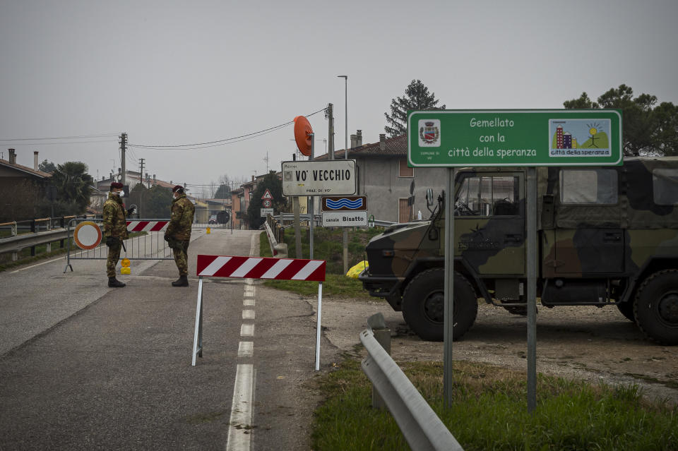 VO VECCHIO,ITALY.  A checkpoint as the town of  Vo Vecchio in Veneto Region is placed under lockdown on  February 25,2020 in Italy. Italy is the first country in Europe and the third largest in the world in the number of infections. At the moment there have been 11 deaths and 322 infections. Many regions are involved and the alarm is in northern Italy, where schools have been closed. Across Italy there is a stop to public events, including sports events. (Photo by Alessandro Rota/Getty Images)