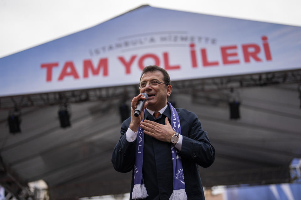 Istanbul Mayor and Republican People's Party, or CHP, candidate for Istanbul Ekrem Imamoglu addresses supporters during a campaign rally, in Istanbul, Turkey, Thursday, March 21, 2024. With local elections across Turkey days away, legal experts are coaching thousands of volunteer election monitors on the rules they'll need to watch for fraud and ensure a fair vote. (AP Photo/Francisco Seco)