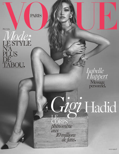 20 ans au compteur et déjà une 10e cover Vogue pour Gigi Hadid ! Celle qui collectionne les followers sur les réseaux sociaux n’a pas hésité à se dénuder pour la couverture du mois de mars 2016. Shooté par MERT & MARCUS.