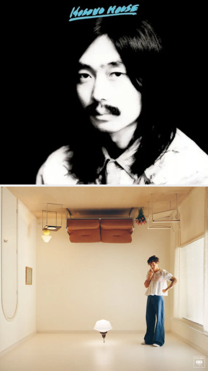 Hosono on the cover of "Hosono House;" Styles on the cover of "Harry's House"