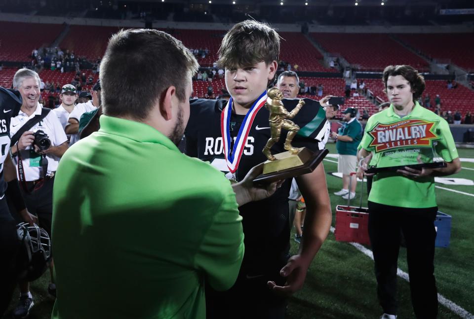 Trinity QB Zane Johnson (9) was presented the MVP award after the Rocks defeated St. X 45-10 at L&N Stadium in Louisville, Ky. on Sep. 22, 2023.