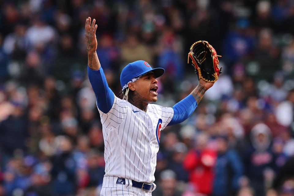 CHICAGO, ILLINOIS - MARCH 30: Marcus Stroman #0 of the Chicago Cubs celebrates after retiring the side in the sixth inning against the Milwaukee Brewers at Wrigley Field on March 30, 2023 in Chicago, Illinois. (Photo by Michael Reaves/Getty Images)