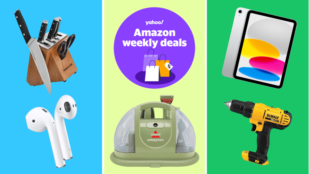 Apple AirPods, Bissell Little Green, Apple iPad, DeWalt power tool and a badge that reads: Yahoo! Amazon weekly deals