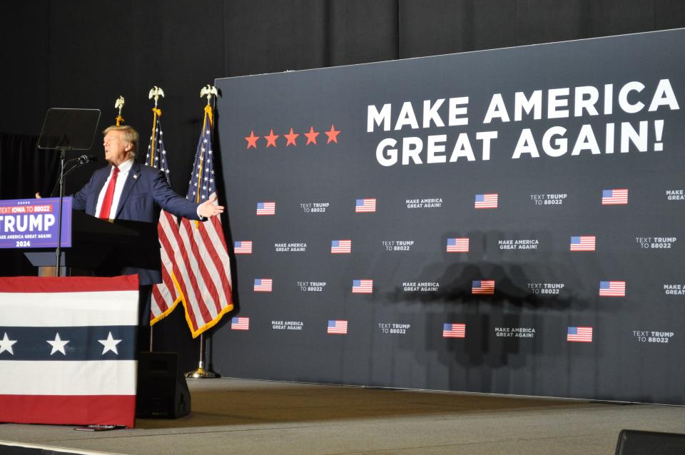 2024 GOP presidential candidate Donald Trump addresses the crowd at a campaign rally in Ottumwa, Iowa. Trump told them that the Biden Administration are “Radical left Marxists and fascists and communists and they’re bad people.”