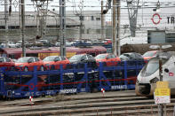 Trains park at the Hendaye train station, southwestern France, Sunday Dec. 8, 2019 on the fourth day of nationwide strikes that disrupted weekend travel around France. (AP Photo/Bob Edme)