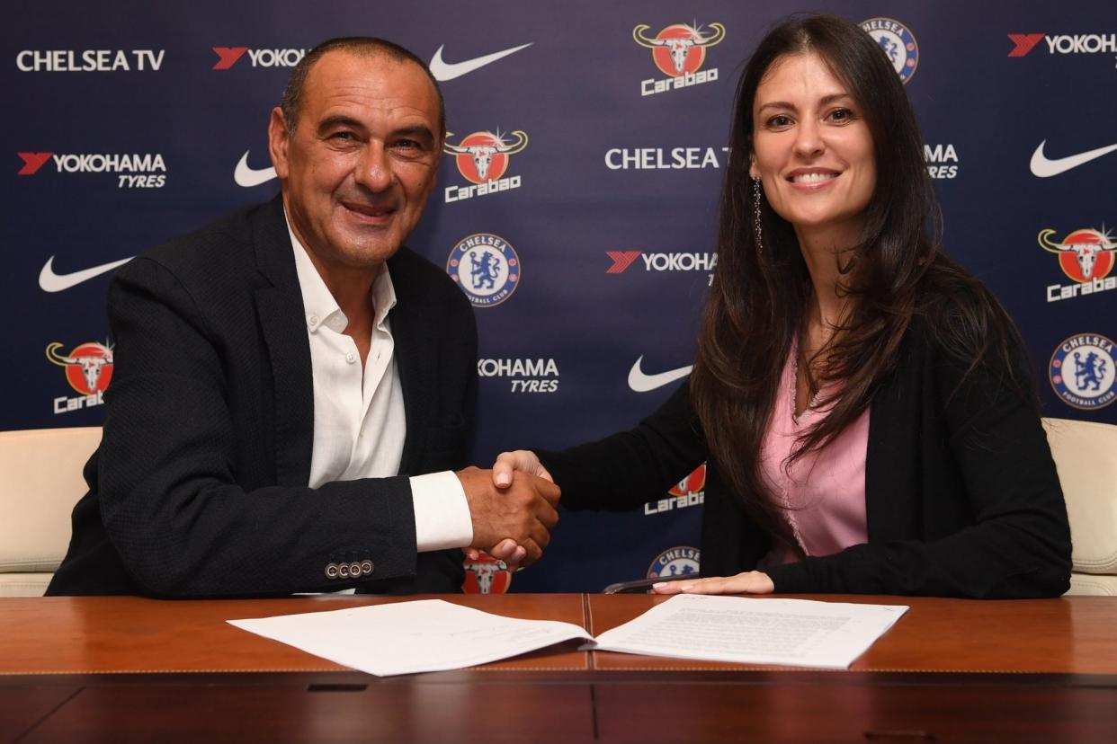 Sarri is welcomed as Chelsea coach by Granovskaia: Chelsea FC via Getty Images