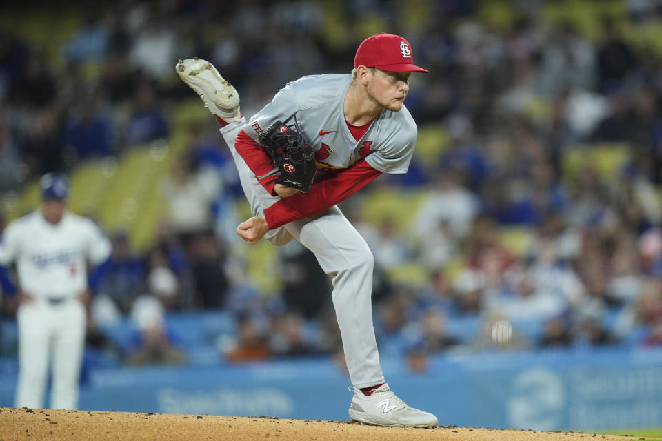 St. Louis Cardinals starting pitcher Zack Thompson throws against the Los Angeles Dodgers during the first inning of a baseball game Friday, March 29, 2024, in Los Angeles. (AP Photo/Jae C. Hong)
