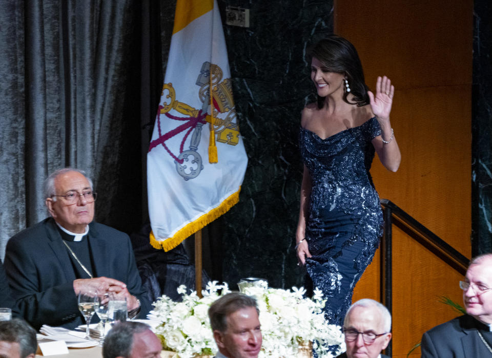 Keynote speaker Ambassador to the United Nations Nikki Haley is introduced as she attends the 73rd Annual Alfred E. Smith Memorial Foundation Dinner Thursday, Oct. 18, 2018, in New York. (AP Photo/Craig Ruttle)